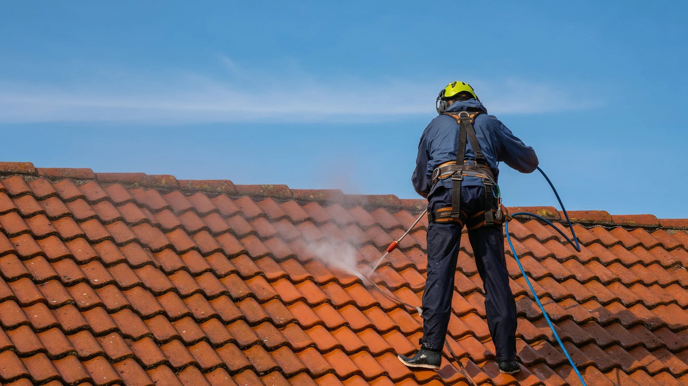 Ouvrier en combinaison de protection appliquant un revêtement sur toiture métallique ondulée à l'aide d'un pistolet à peinture relié par flexible