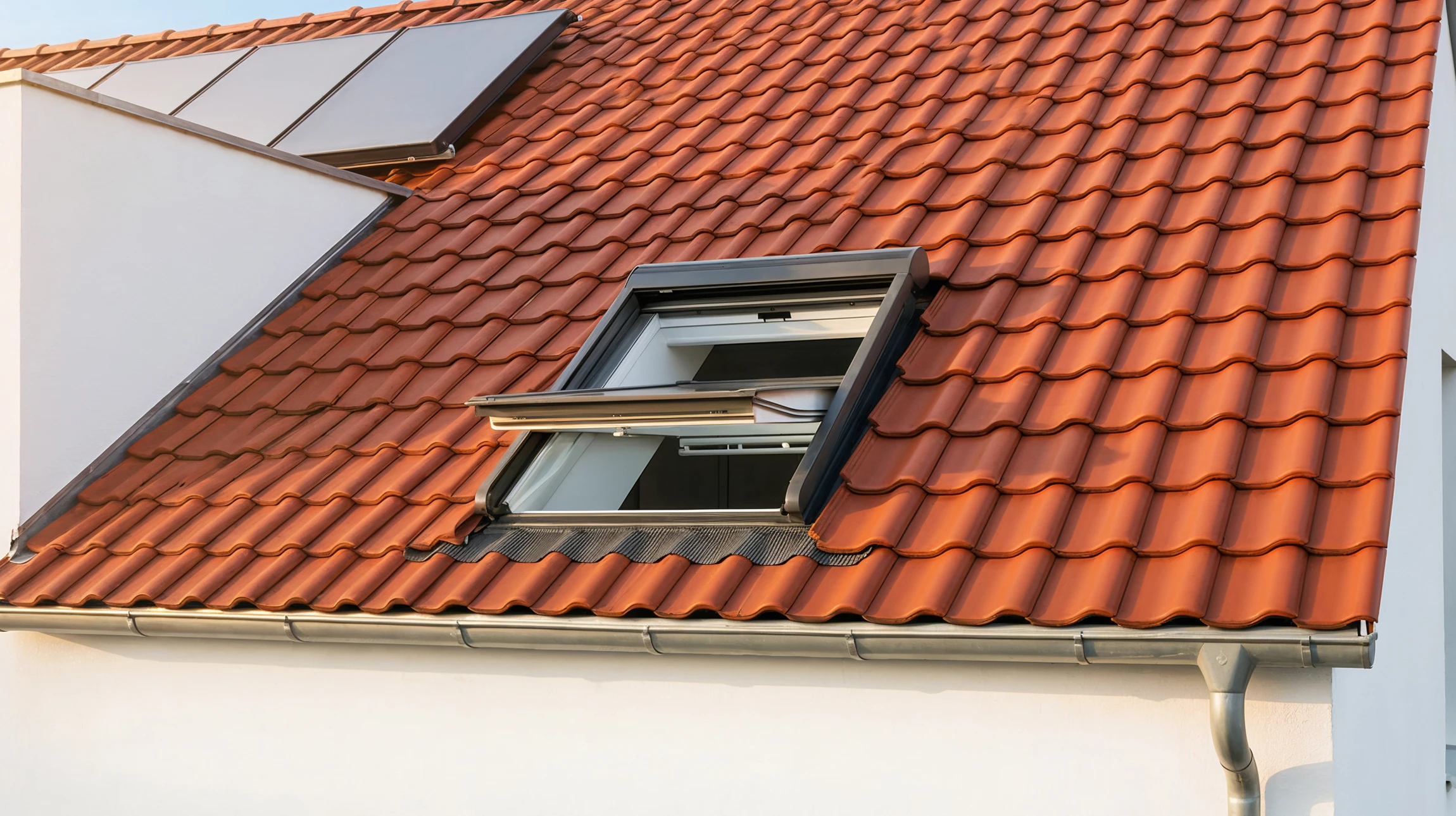 Photographie d'une charpente de toiture en cours de pose d'une fenêtre de toit (Velux), montrant l'ouvrier professionnel installant la fenêtre et la structure du comble, avec la lumière naturelle pénétrant par la baie vitrée nouvellement posée, illustrant directement le service de pose de fenêtres de toit et l'apport de luminosité naturelle dans les combles.